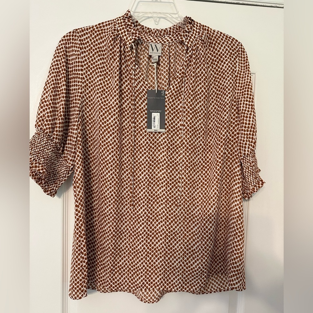 Worthington Women's Geometric Brown Blouse NWT $44 great fall colors. Tall Large